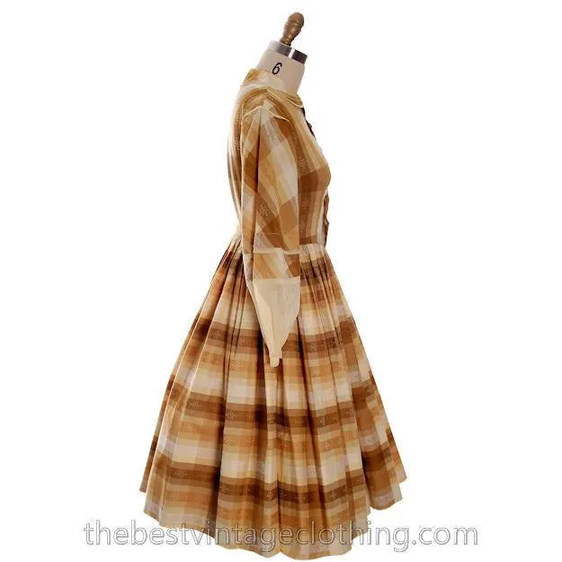 Vintage 1950s Day Dress Susan Evans Cotton Madras Plaid Full Skirt 34-26-Free Small