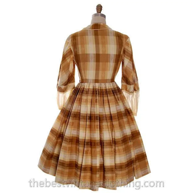 Vintage 1950s Day Dress Susan Evans Cotton Madras Plaid Full Skirt 34-26-Free Small