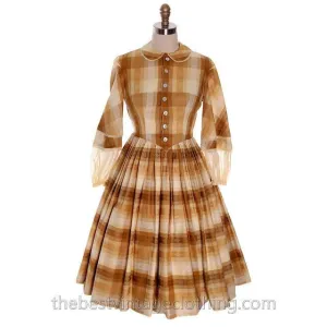Vintage 1950s Day Dress Susan Evans Cotton Madras Plaid Full Skirt 34-26-Free Small