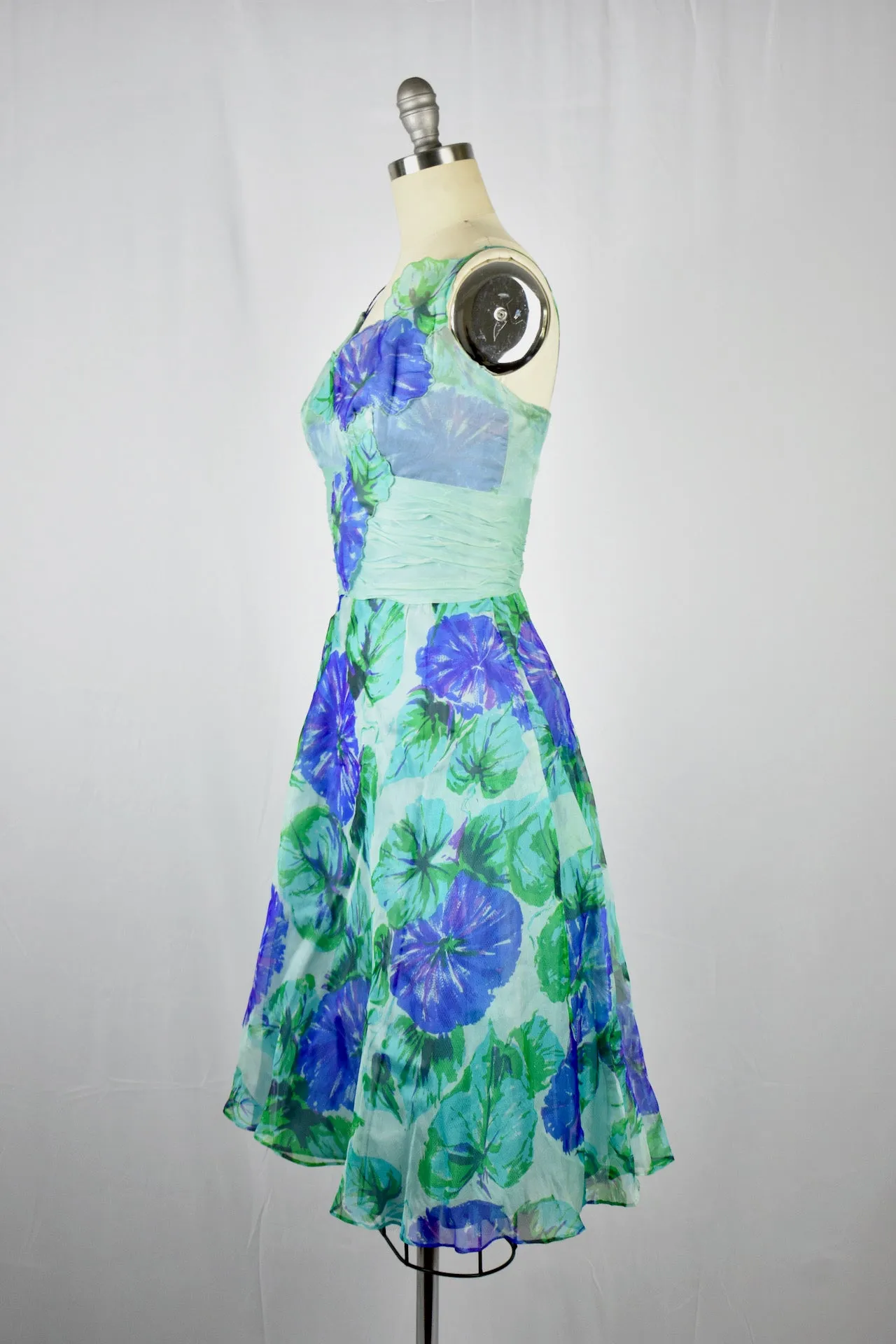 Vintage 1950s Silk Chiffon Green Blue Floral Dress