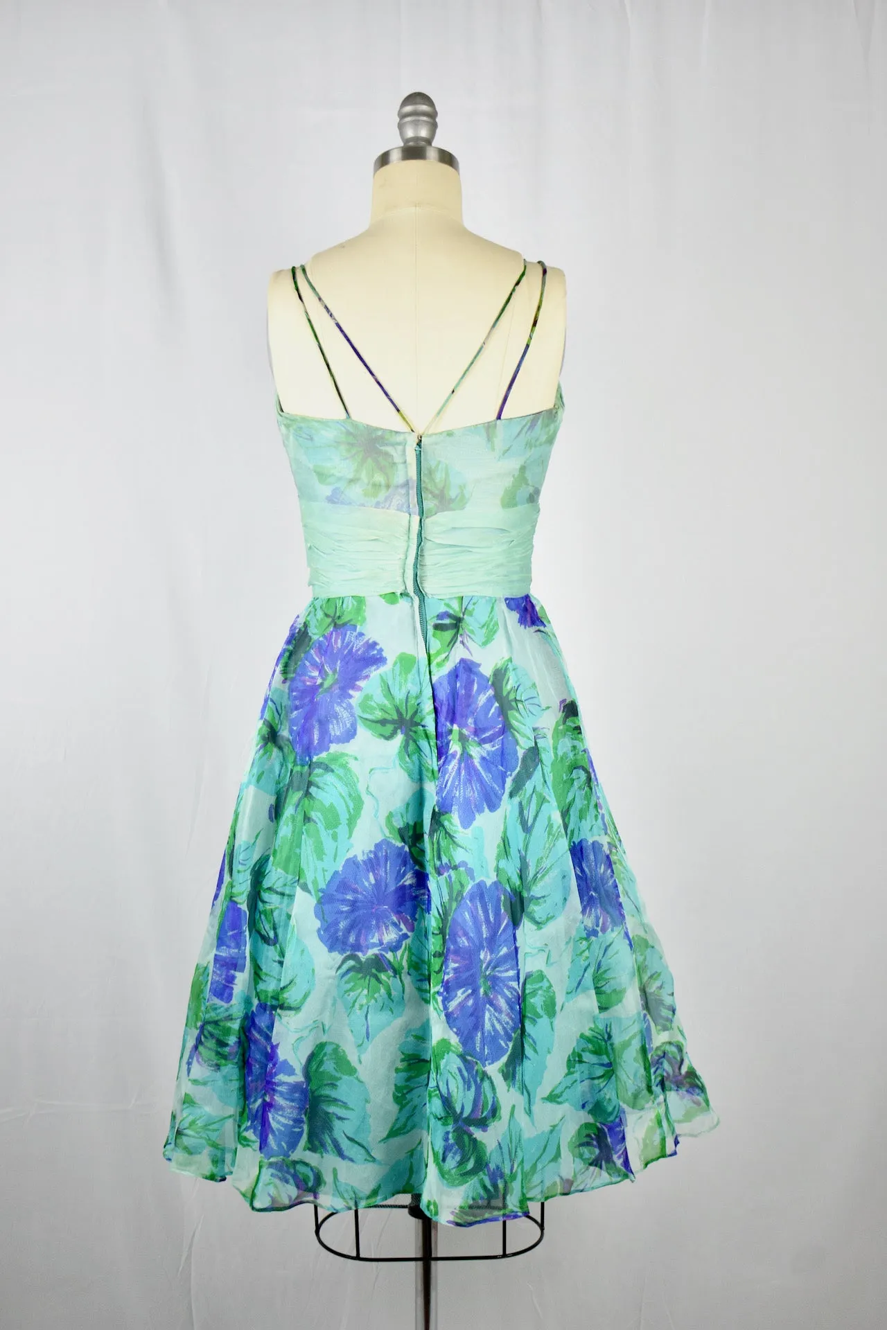 Vintage 1950s Silk Chiffon Green Blue Floral Dress