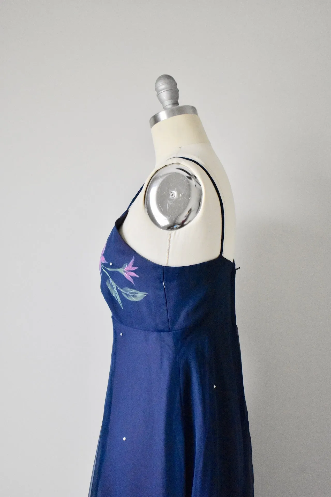 Vintage 1970s Kay Kipps Navy Blue Empire Dress with Rhinestones