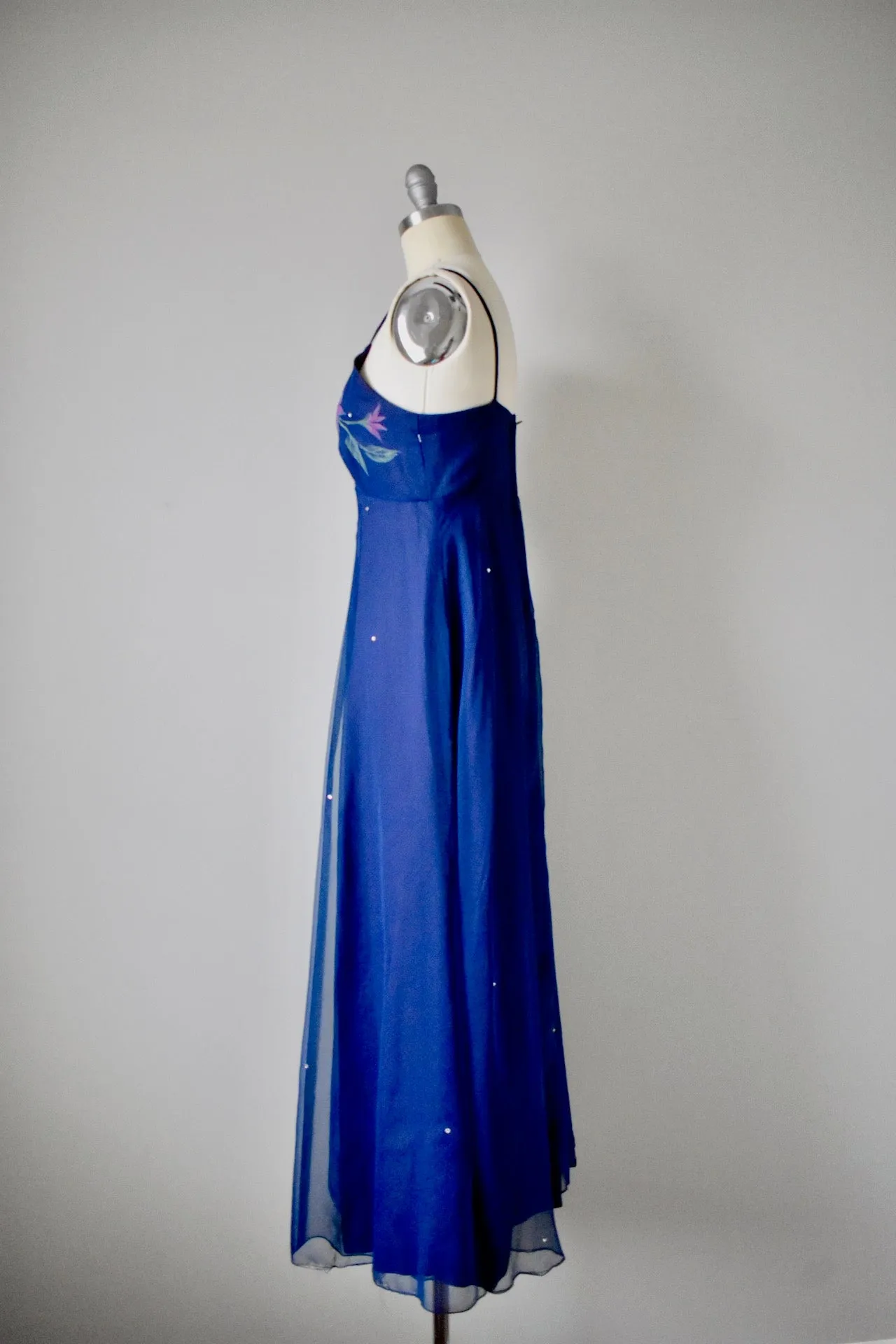 Vintage 1970s Kay Kipps Navy Blue Empire Dress with Rhinestones