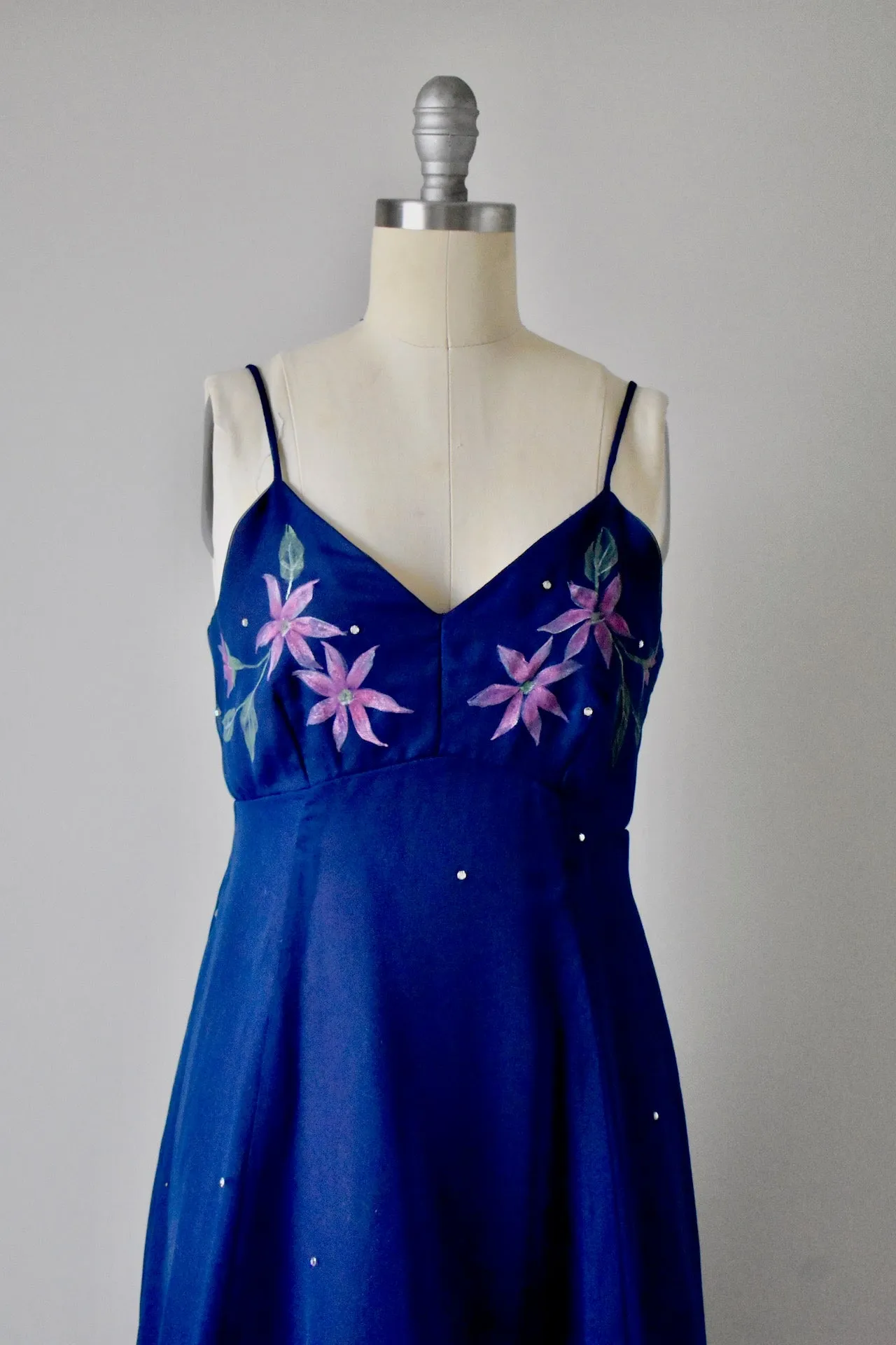 Vintage 1970s Kay Kipps Navy Blue Empire Dress with Rhinestones