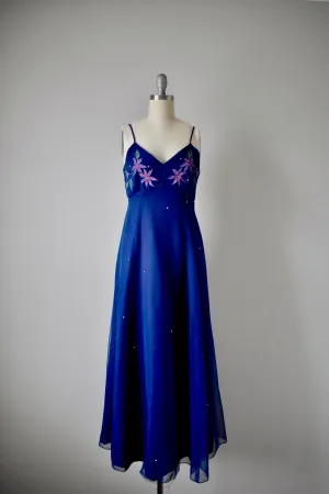 Vintage 1970s Kay Kipps Navy Blue Empire Dress with Rhinestones