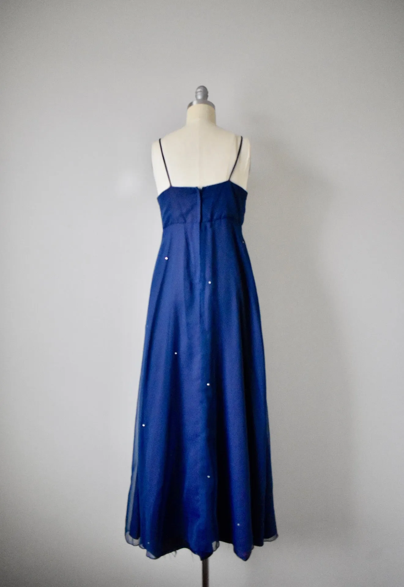 Vintage 1970s Kay Kipps Navy Blue Empire Dress with Rhinestones
