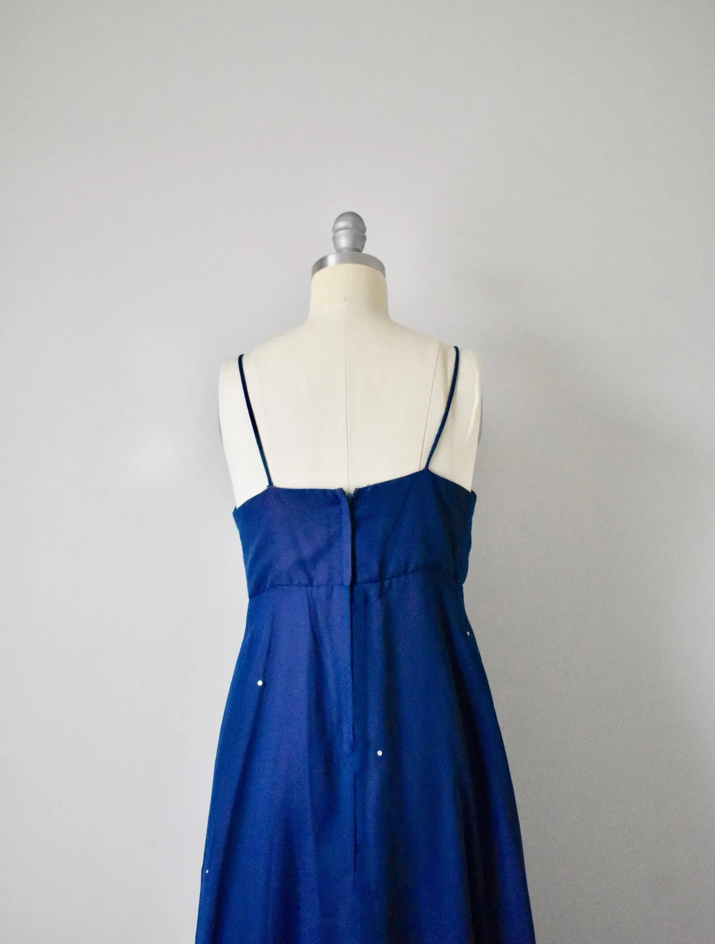 Vintage 1970s Kay Kipps Navy Blue Empire Dress with Rhinestones