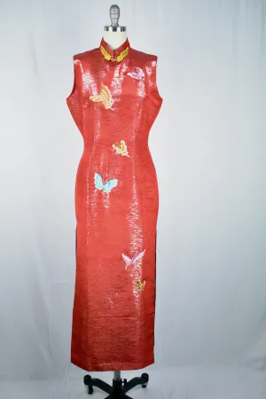 Vintage 1970s Long Red Cheongsam Silk Dress with Slits