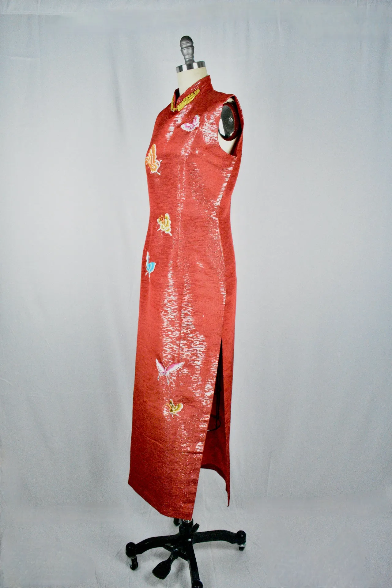 Vintage 1970s Long Red Cheongsam Silk Dress with Slits