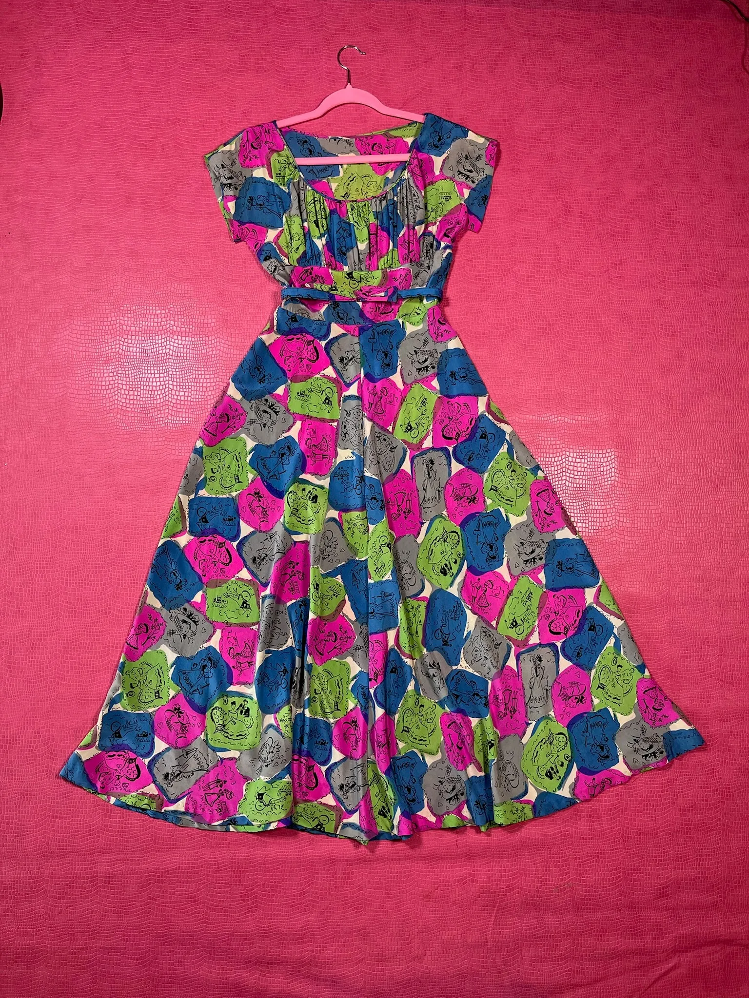 Vintage 40s Novelty Couple's Print Dress - Best Fits Size XXS-XS