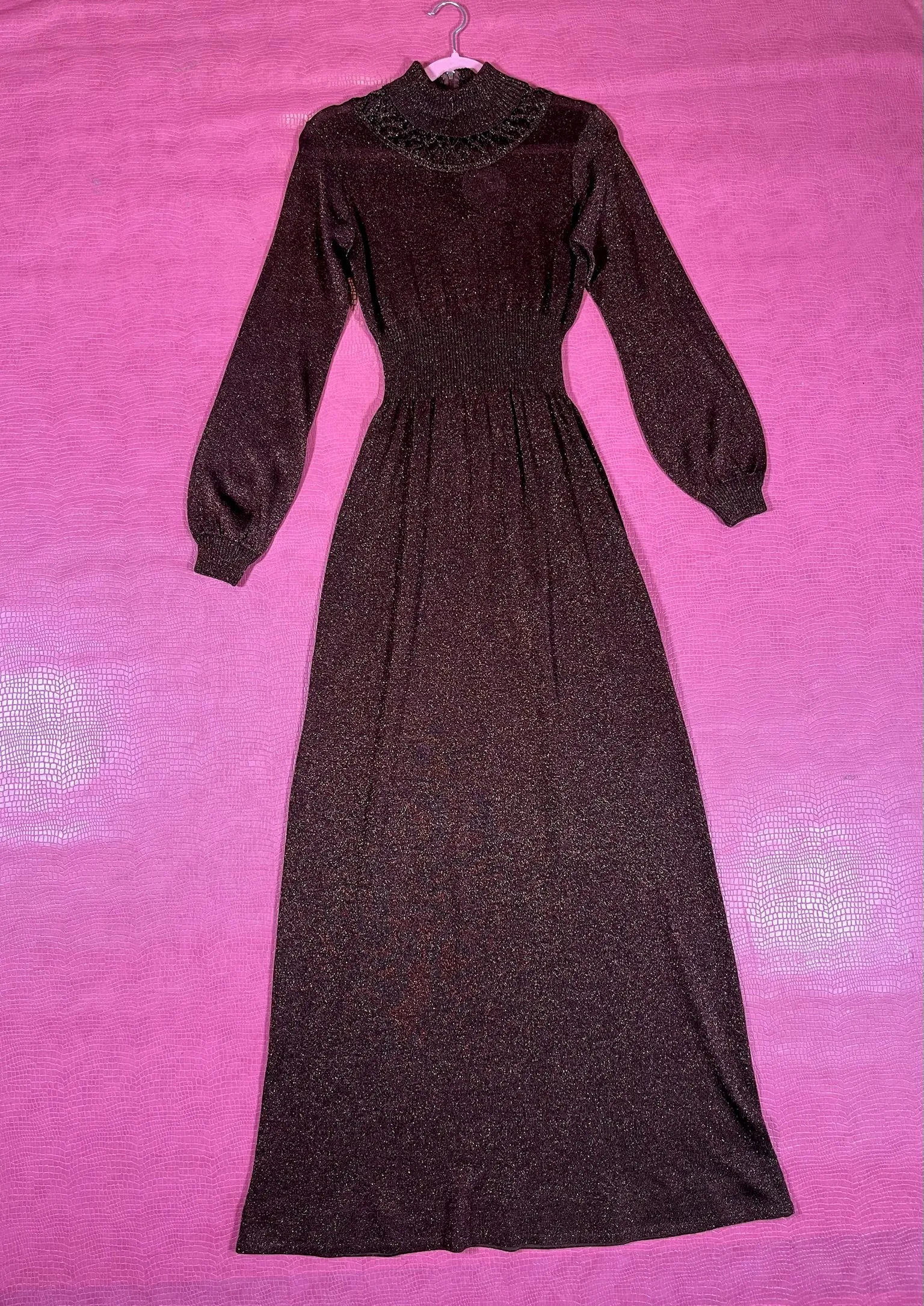 Vintage 60s 70s "Ruffians" Burgundy Glitter Knit Maxi Dress - Best Fits Size XS-L