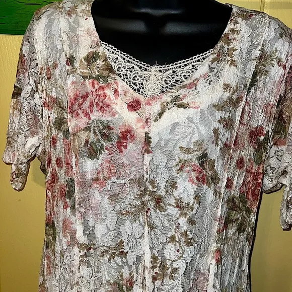 Vintage 70s Nostalgia Pink &amp; Terra Cota Floral Crinkle Lace Maxi Dress