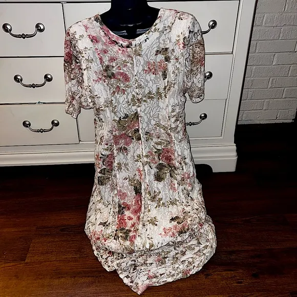Vintage 70s Nostalgia Pink &amp; Terra Cota Floral Crinkle Lace Maxi Dress