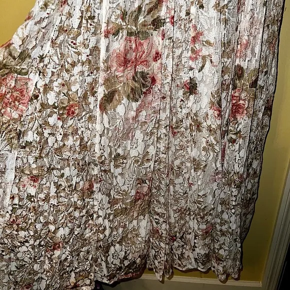 Vintage 70s Nostalgia Pink &amp; Terra Cota Floral Crinkle Lace Maxi Dress