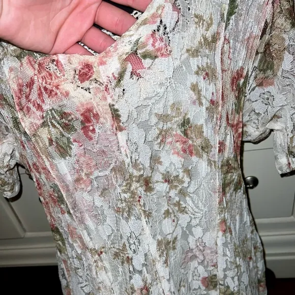 Vintage 70s Nostalgia Pink &amp; Terra Cota Floral Crinkle Lace Maxi Dress