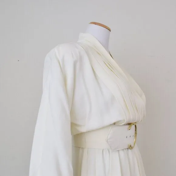 Vintage 80s Belted Beige Acetate/Rayon Pleated Dress by Sarah Taylor