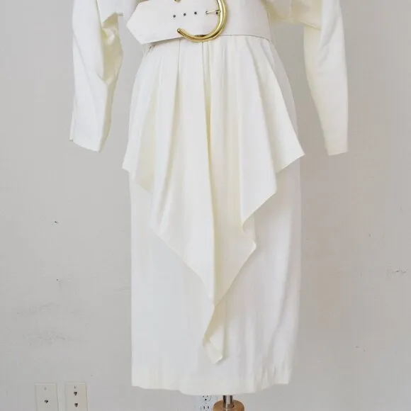 Vintage 80s Belted Beige Acetate/Rayon Pleated Dress by Sarah Taylor