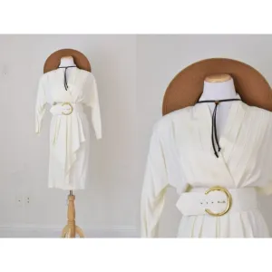 Vintage 80s Belted Beige Acetate/Rayon Pleated Dress by Sarah Taylor