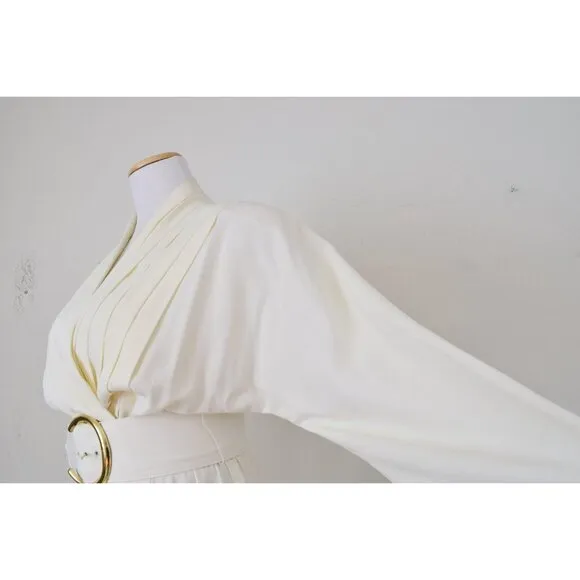 Vintage 80s Belted Beige Acetate/Rayon Pleated Dress by Sarah Taylor