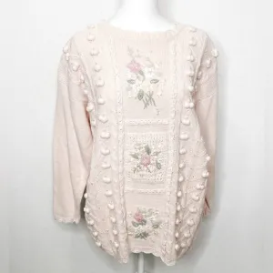 Vintage 90s Casual Corner Hand Knit Heavy Sweater Ribbon Pearls Pink Coquette