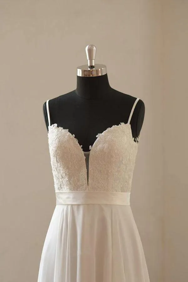Vintage A-line Spaghetti Straps Long White Chiffon Wedding Dresses WD063