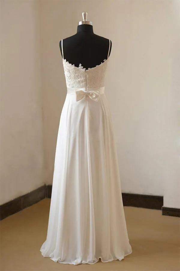 Vintage A-line Spaghetti Straps Long White Chiffon Wedding Dresses WD063