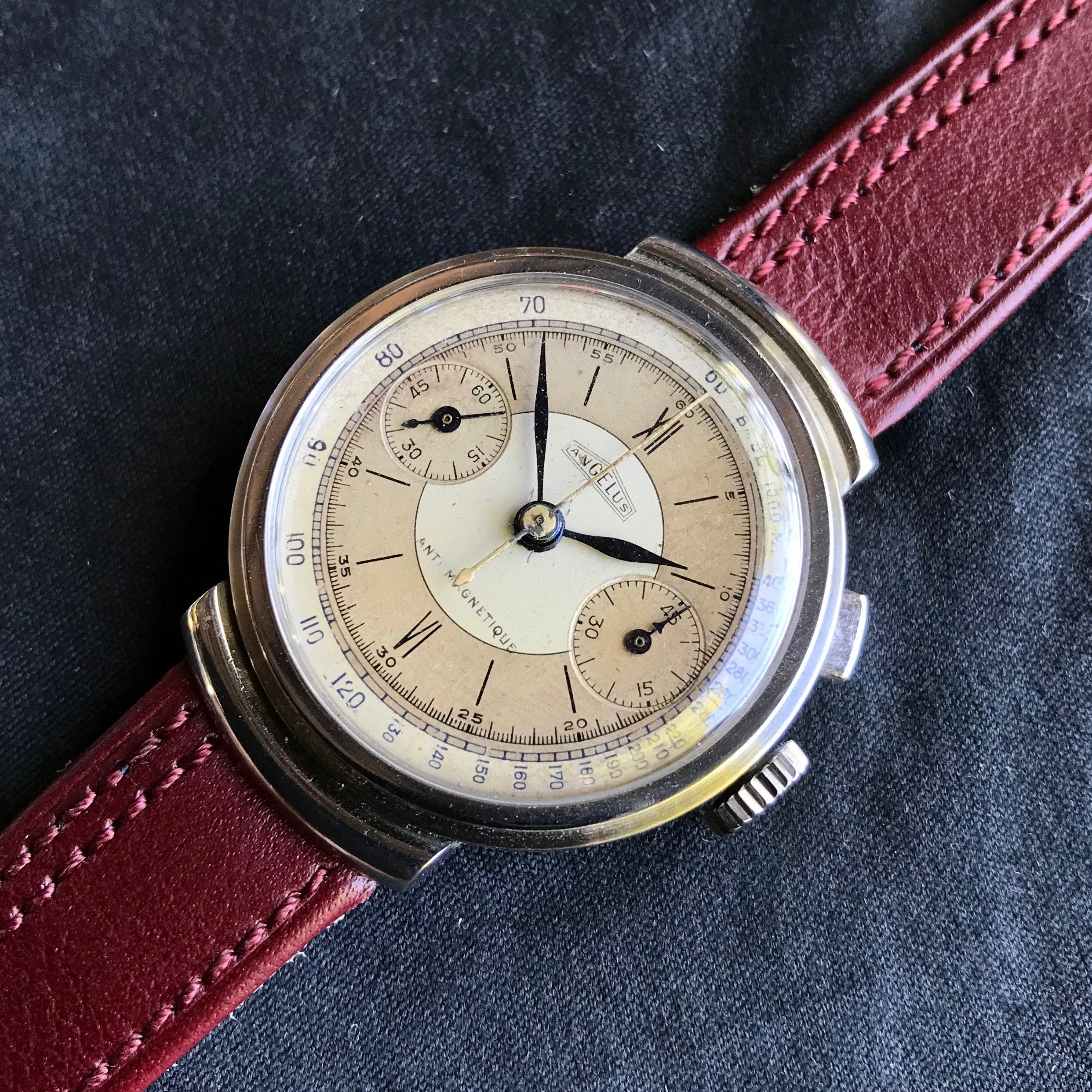 Vintage Angelus Mono Pusher Chronograph Step Case Manual Wind Anti Magnetique Wristwatch
