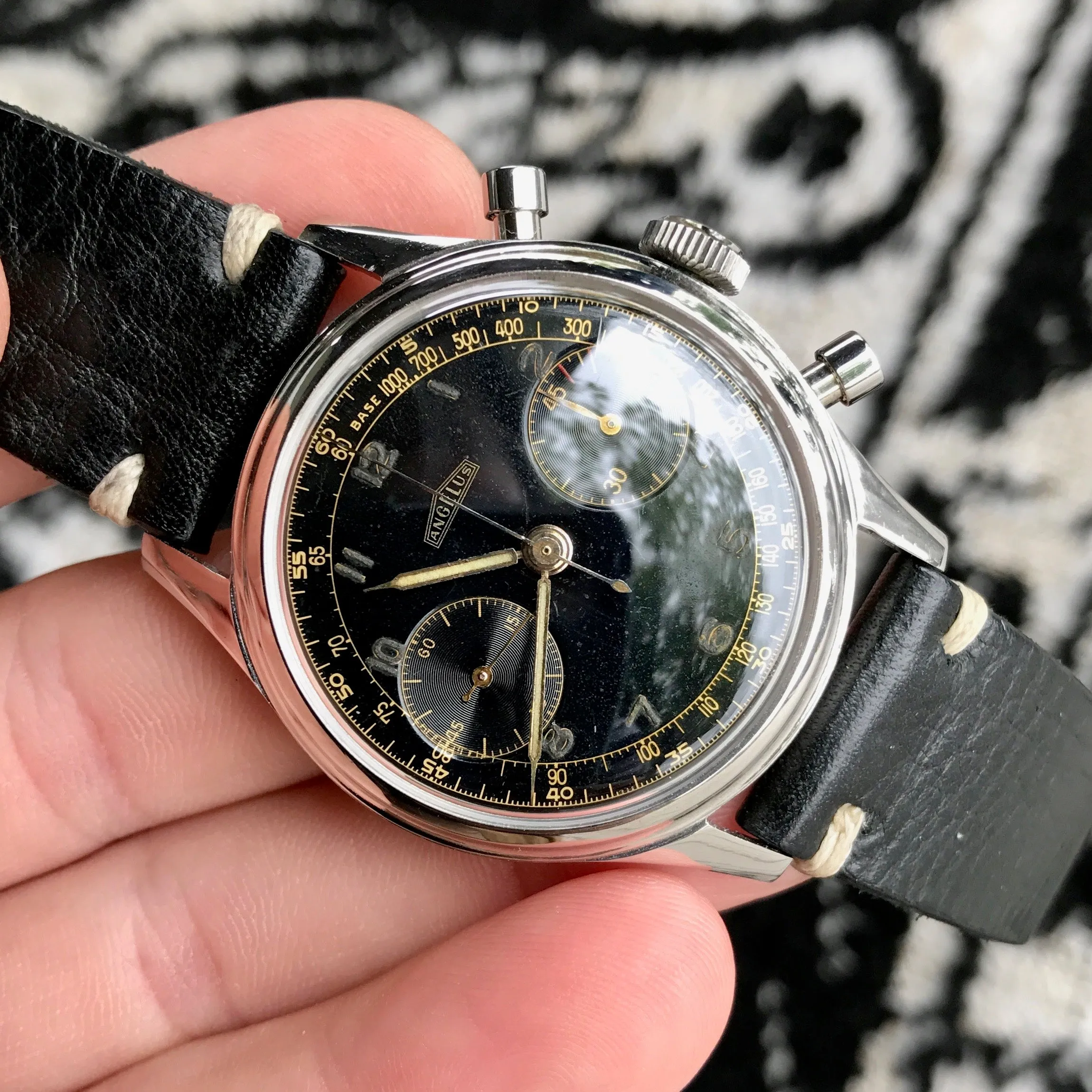 Vintage Angelus Stainless Steel Manual 38mm Cal. 215 Chronograph Black Wristwatch