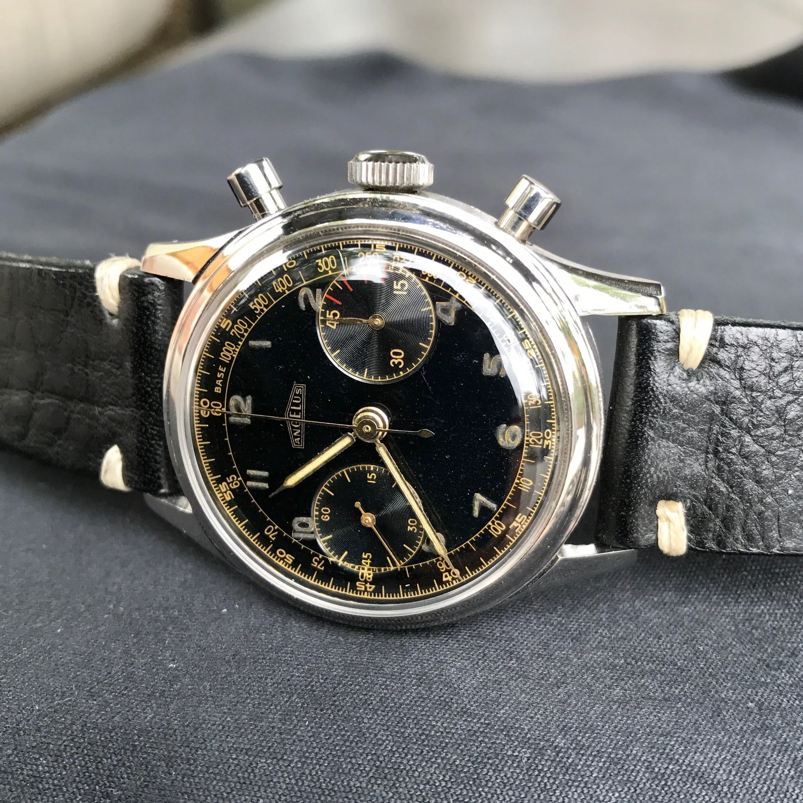 Vintage Angelus Stainless Steel Manual 38mm Cal. 215 Chronograph Black Wristwatch