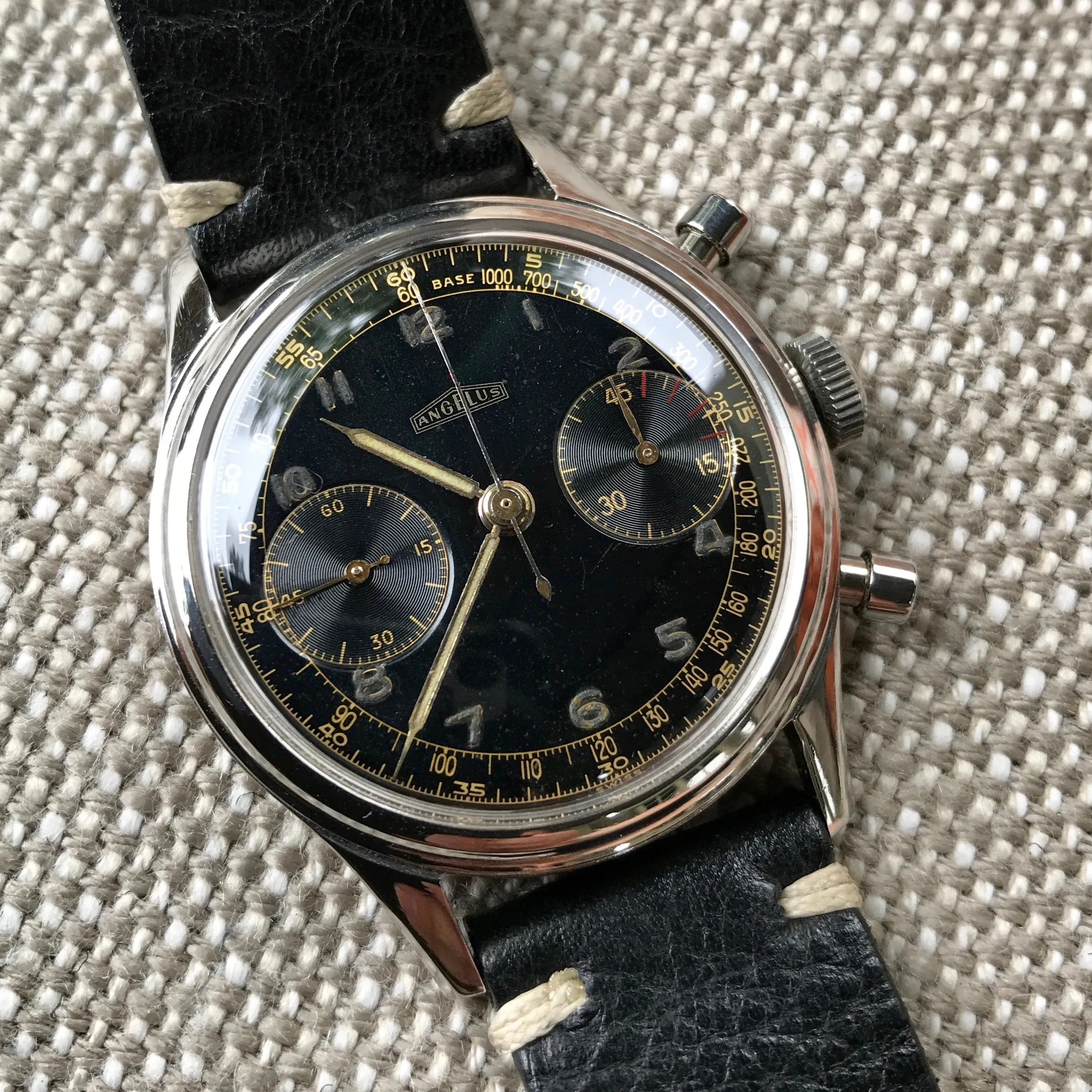 Vintage Angelus Stainless Steel Manual 38mm Cal. 215 Chronograph Black Wristwatch