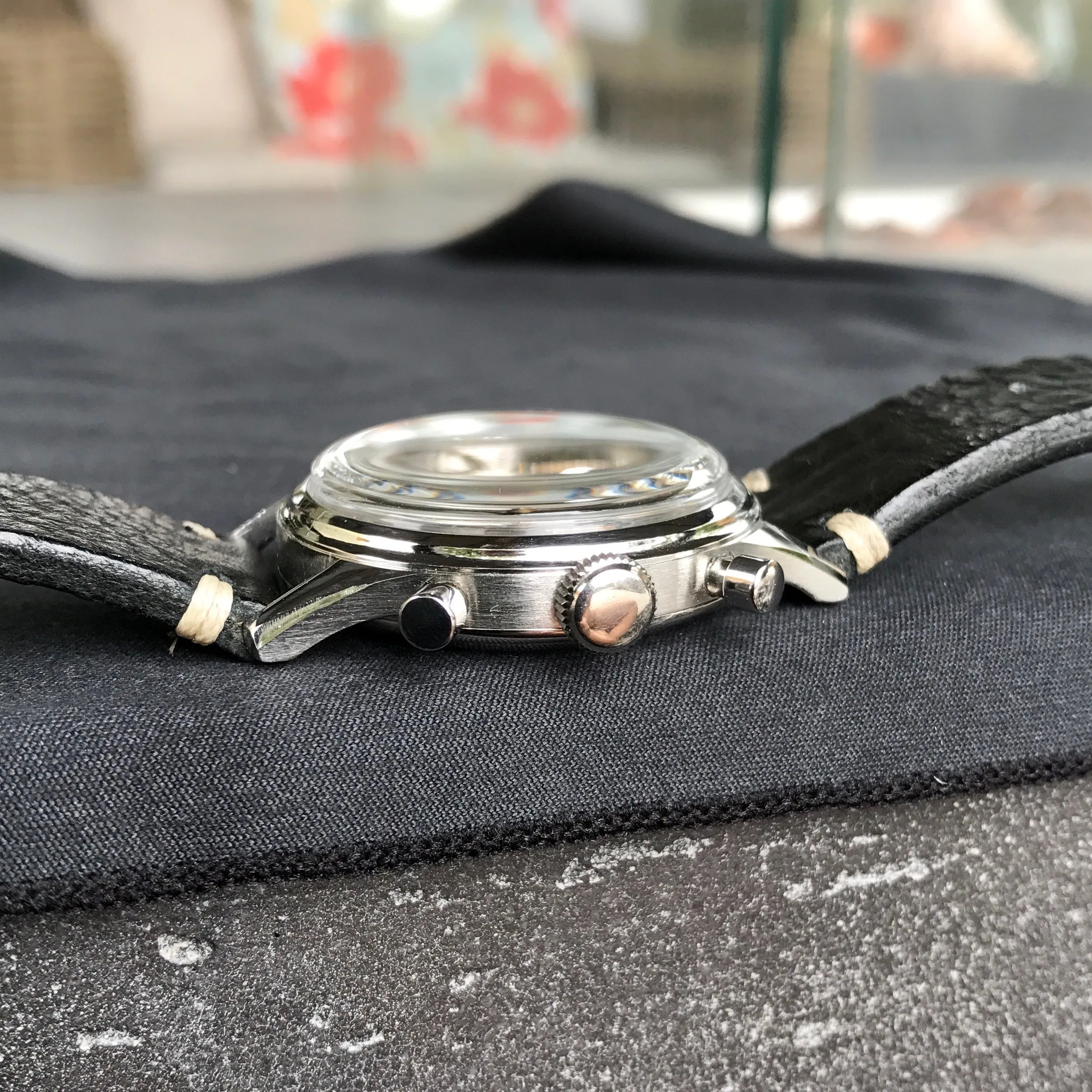 Vintage Angelus Stainless Steel Manual 38mm Cal. 215 Chronograph Black Wristwatch