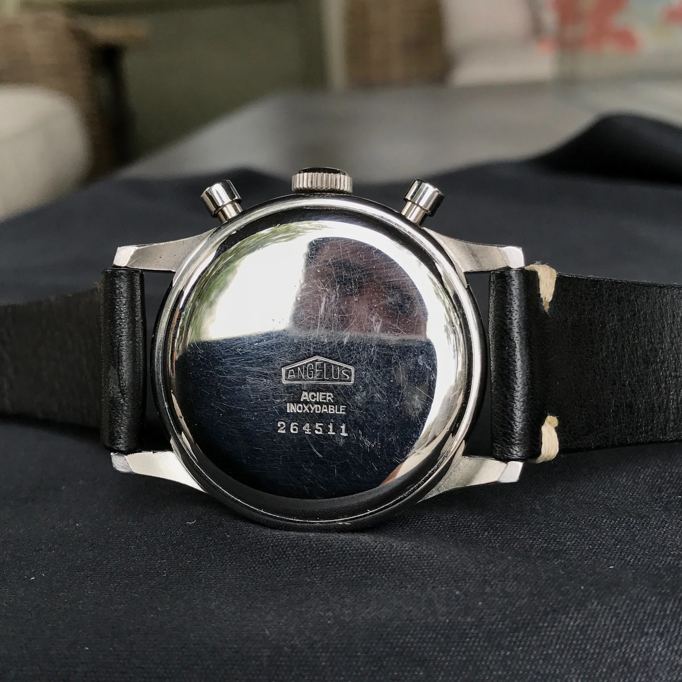 Vintage Angelus Stainless Steel Manual 38mm Cal. 215 Chronograph Black Wristwatch