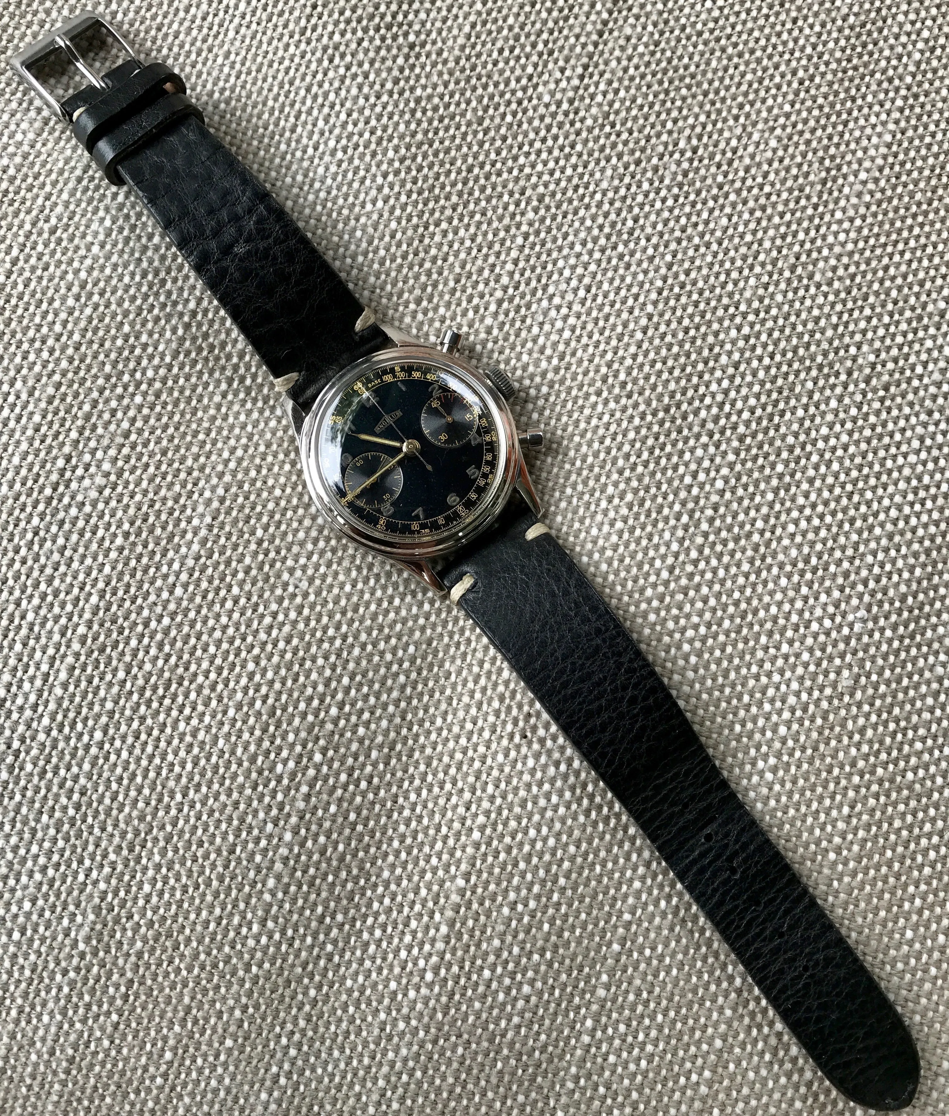 Vintage Angelus Stainless Steel Manual 38mm Cal. 215 Chronograph Black Wristwatch