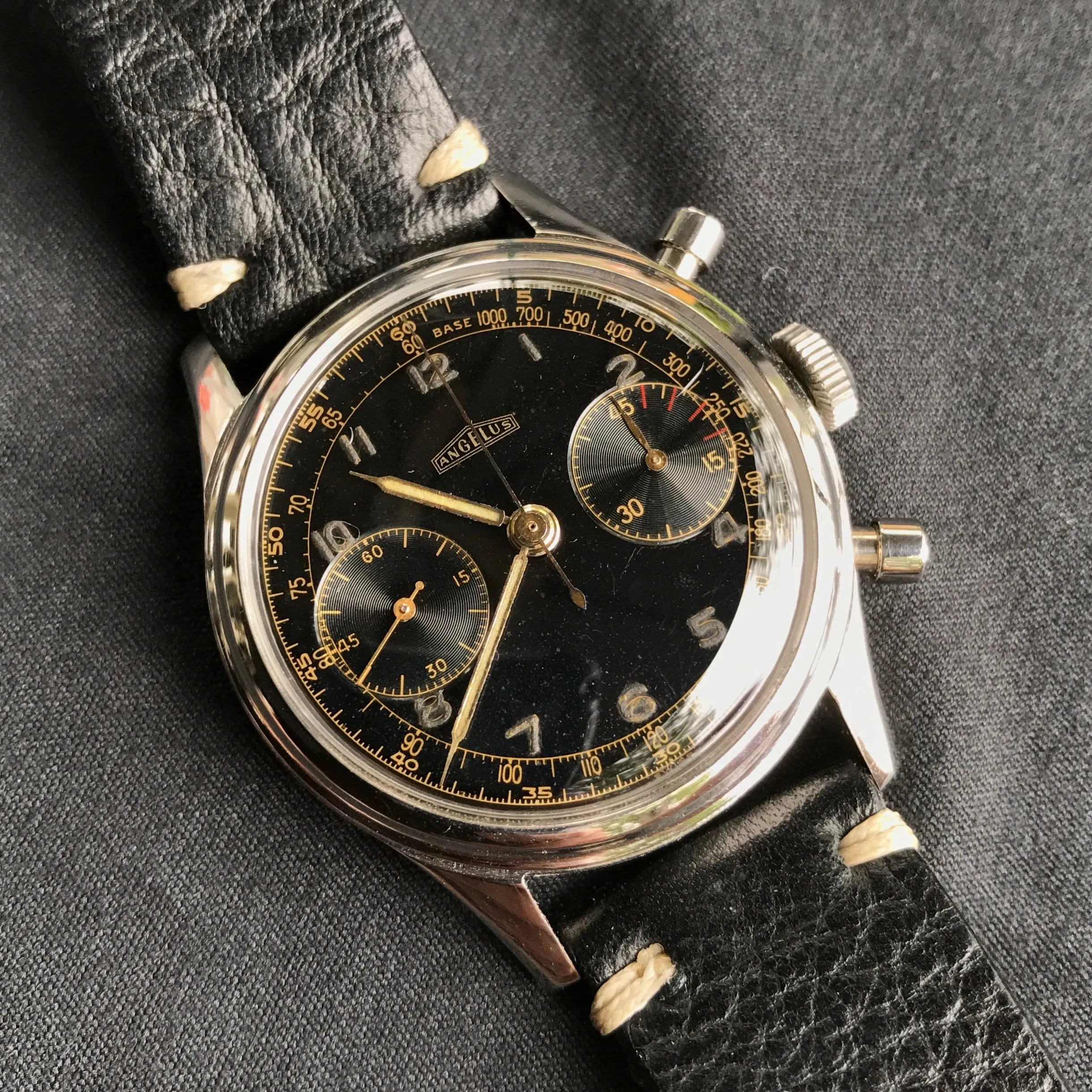 Vintage Angelus Stainless Steel Manual 38mm Cal. 215 Chronograph Black Wristwatch