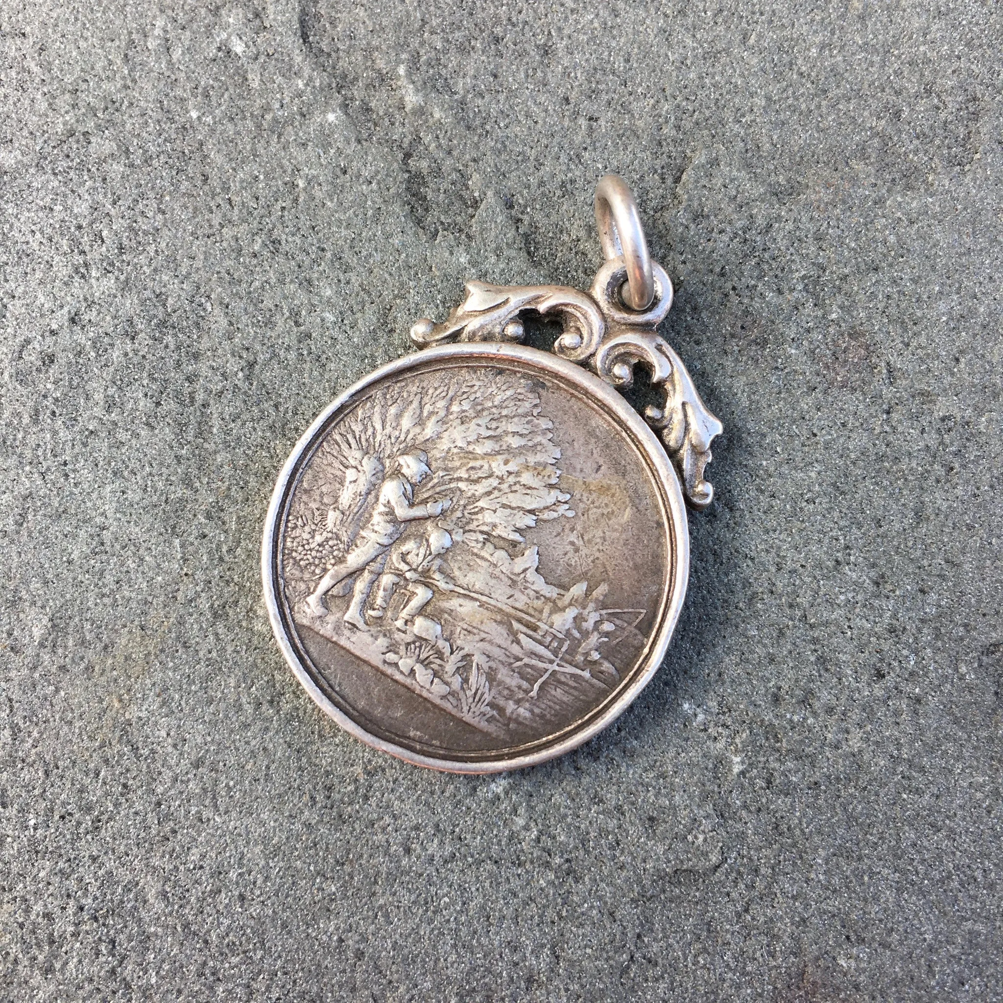 Vintage Antique Sterling Silver Fishing Pendant Award Circa Early 1900's