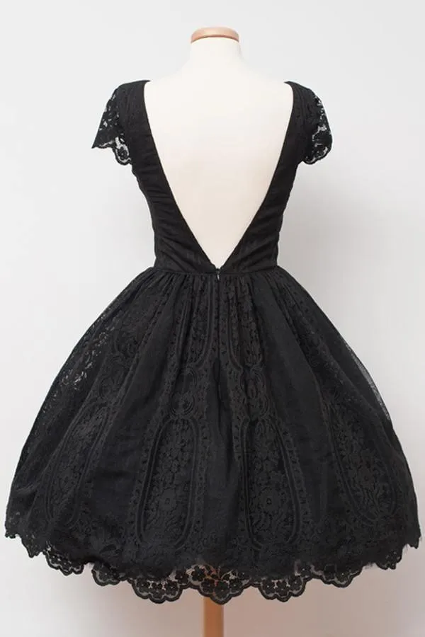 Vintage Black Lace Homecoming Dress Bateau Knee-Length Flower TR0109