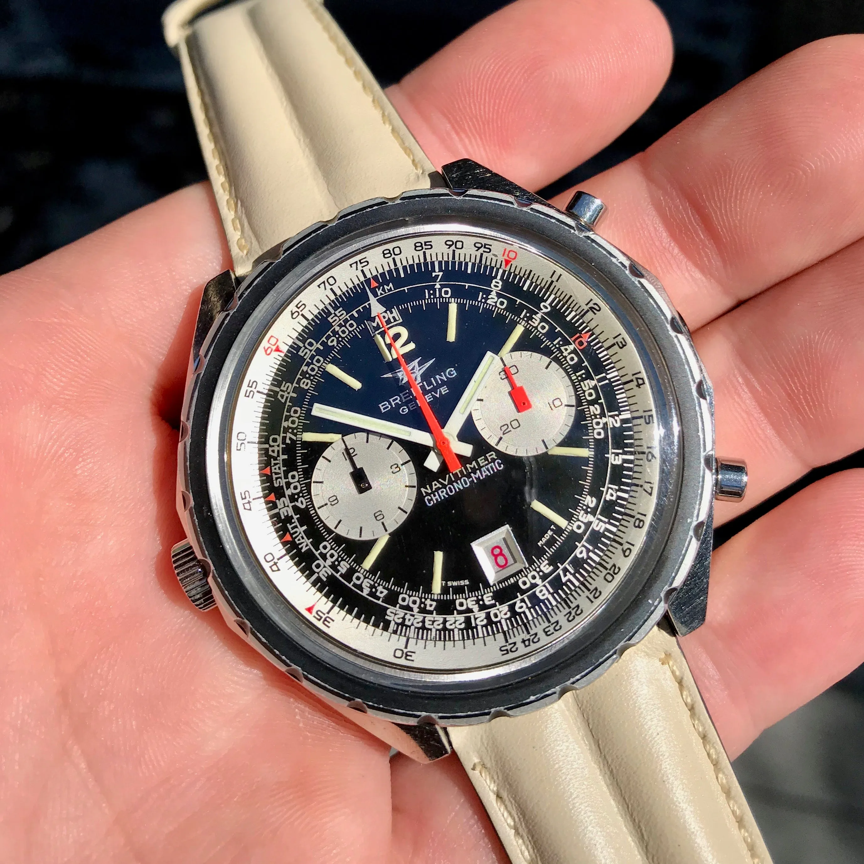 Vintage Breitling Navitimer Chrono-Matic 1806 Stainless Steel Automatic Chronograph Watch 1969 Box & Papers