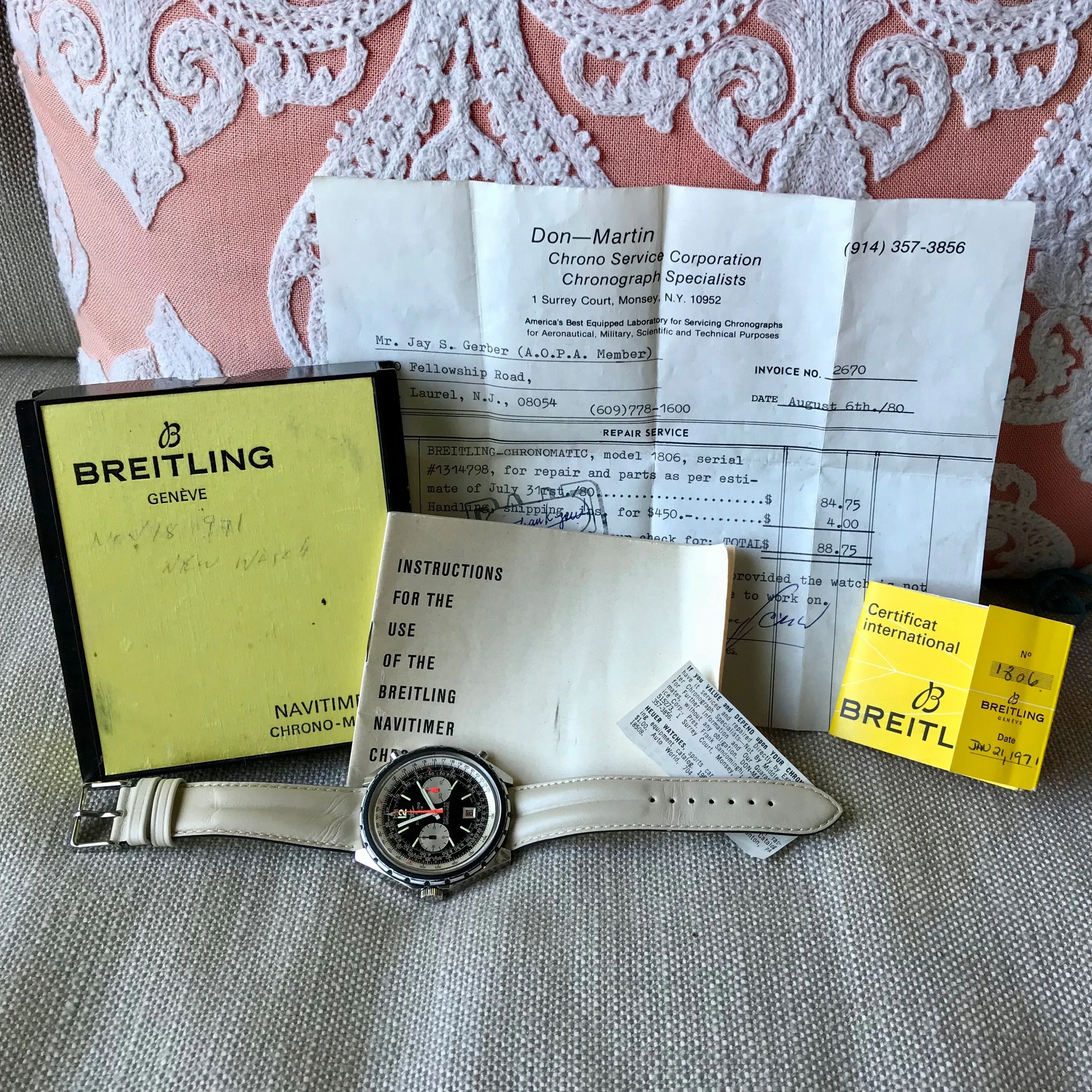 Vintage Breitling Navitimer Chrono-Matic 1806 Stainless Steel Automatic Chronograph Watch 1969 Box & Papers
