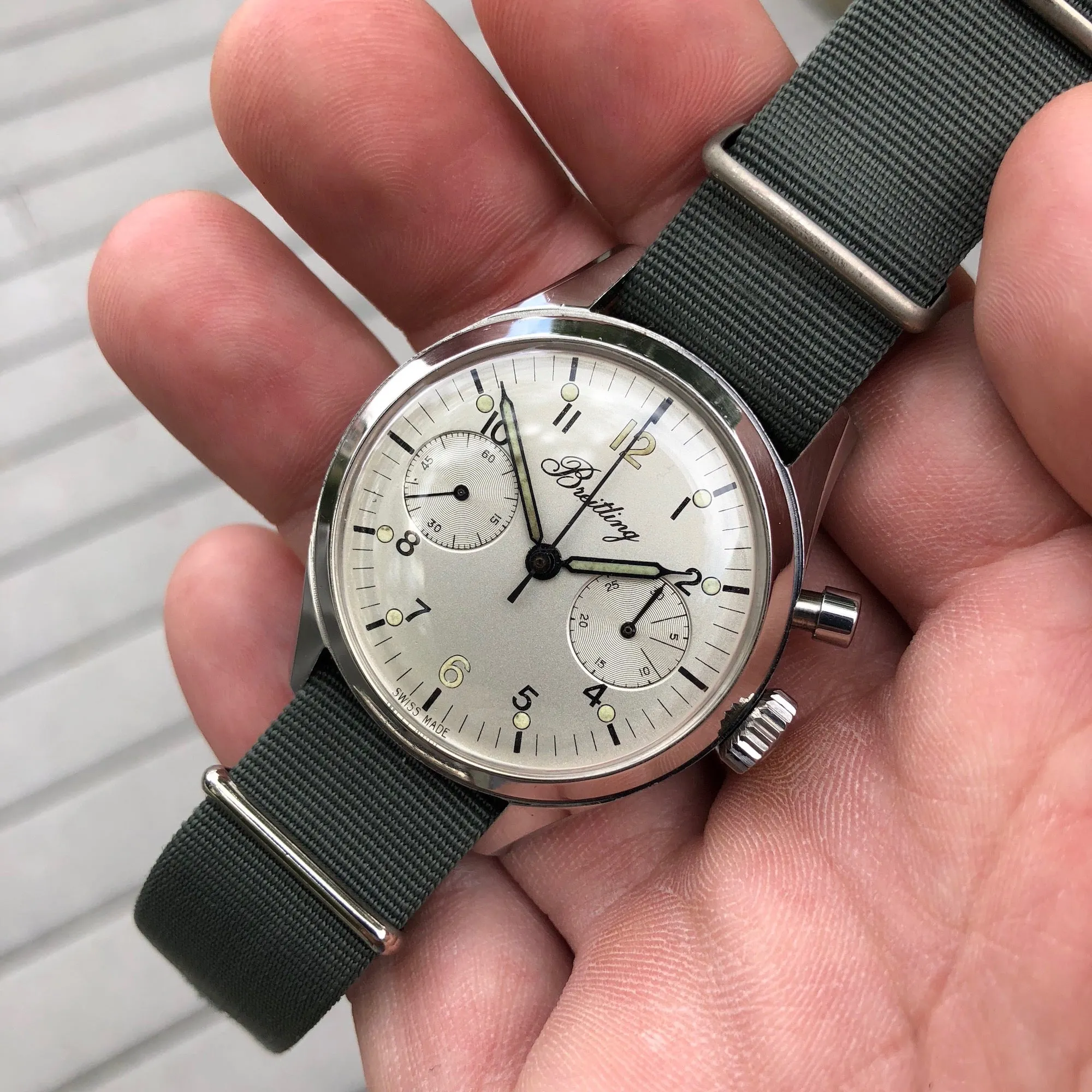 Vintage Breitling Single Button Canadian DND Steel Chronograph Valjoux 23 Wristwatch Circa 1960's