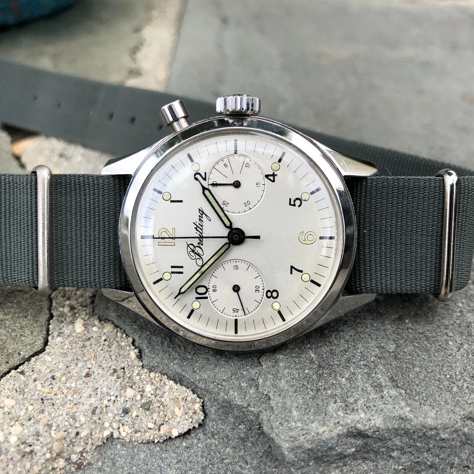 Vintage Breitling Single Button Canadian DND Steel Chronograph Valjoux 23 Wristwatch Circa 1960's