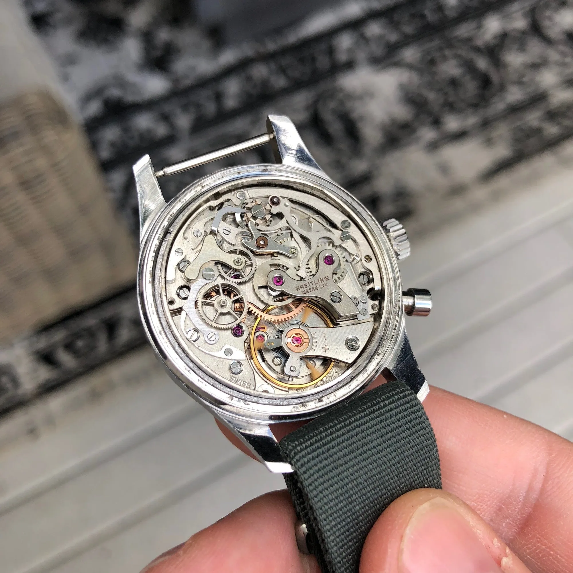 Vintage Breitling Single Button Canadian DND Steel Chronograph Valjoux 23 Wristwatch Circa 1960's
