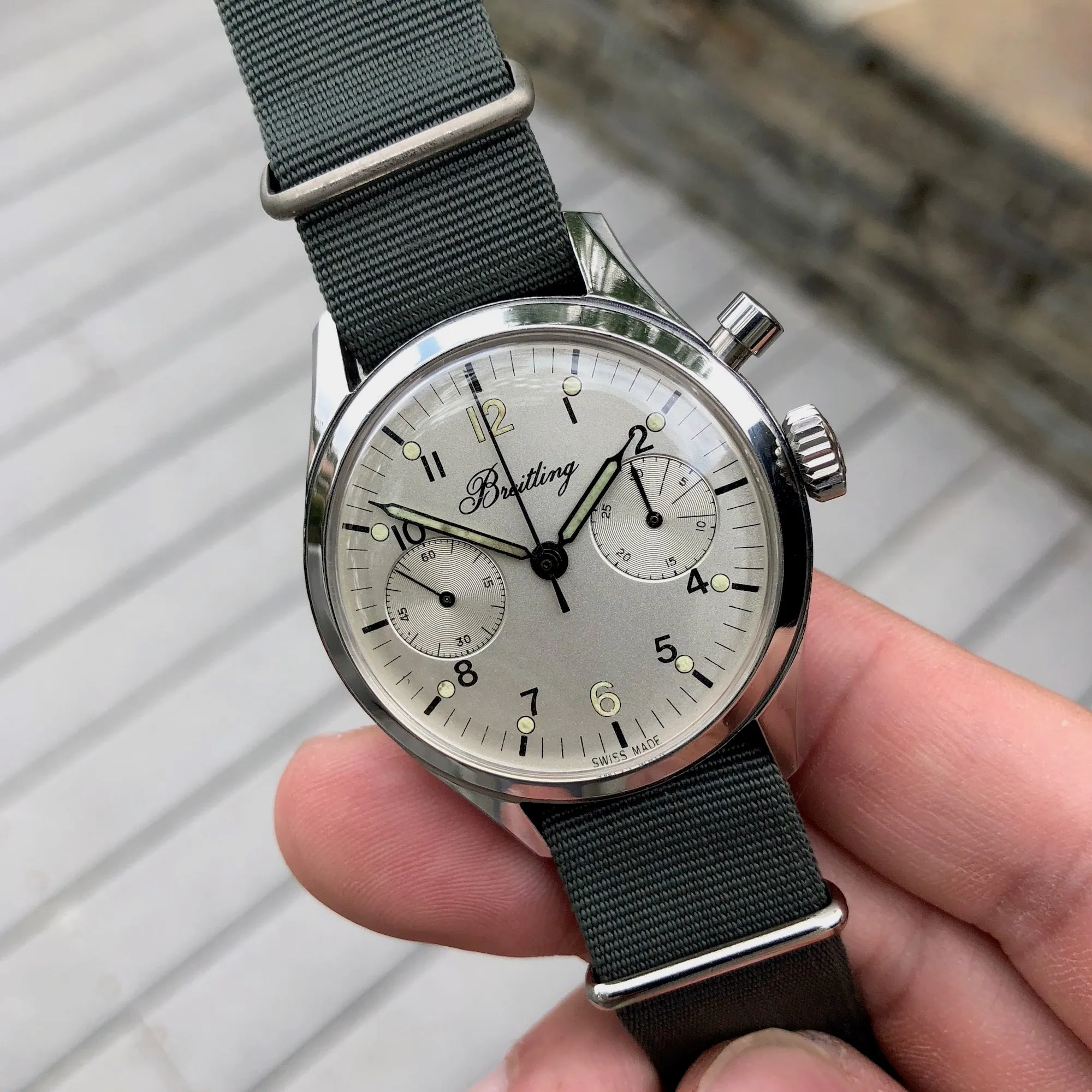 Vintage Breitling Single Button Canadian DND Steel Chronograph Valjoux 23 Wristwatch Circa 1960's