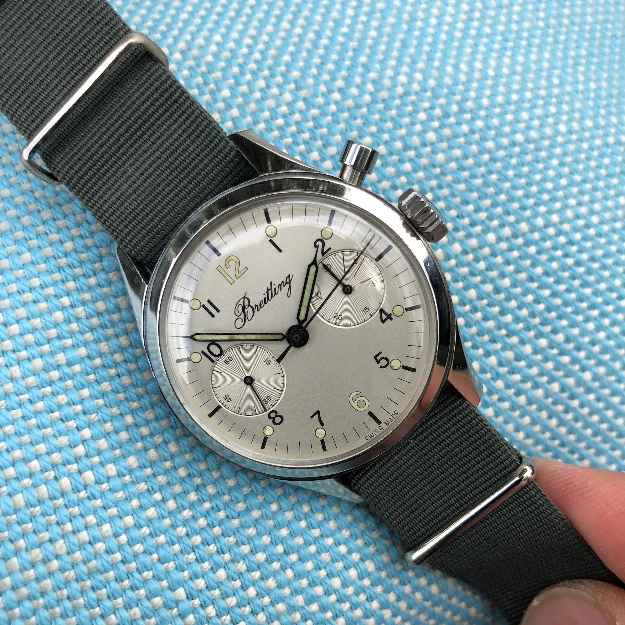 Vintage Breitling Single Button Canadian DND Steel Chronograph Valjoux 23 Wristwatch Circa 1960's