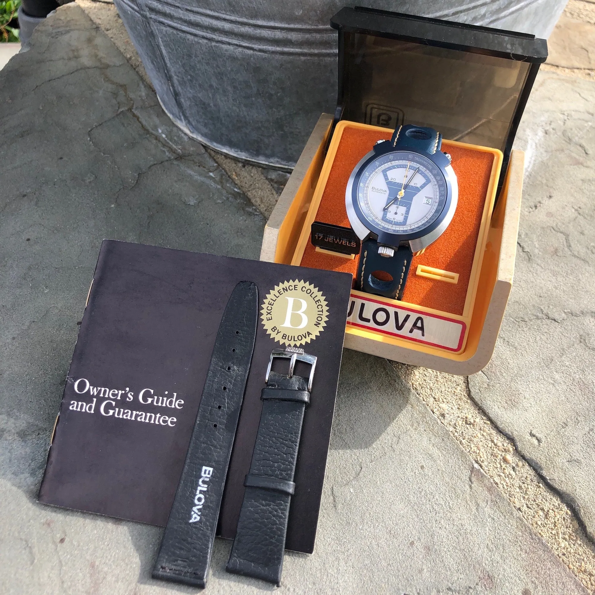 Vintage Bulova Parking Meter Bullhead Chronograph Automatic Wristwatch Box Papers