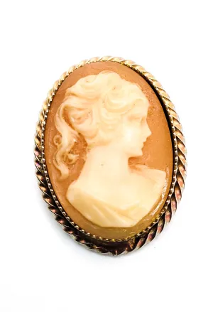 Vintage cameo gold toned framed detailed woman resin cameo brooch