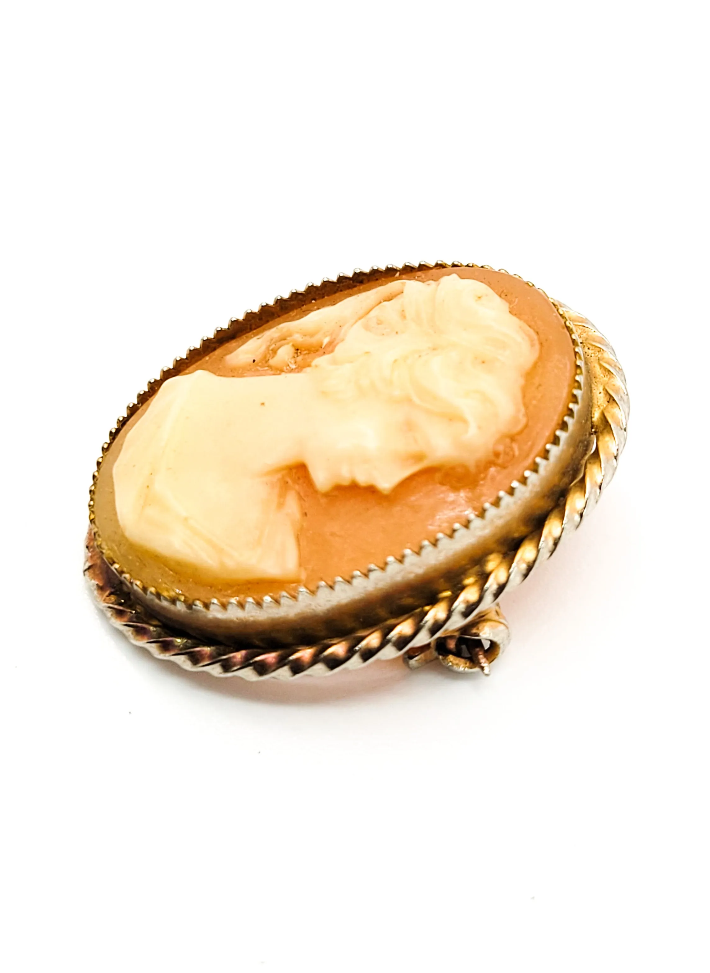 Vintage cameo gold toned framed detailed woman resin cameo brooch
