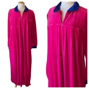 Vintage Christian Dior Pink &amp; Blue 1970s Loungewear House Dress Robe - Large