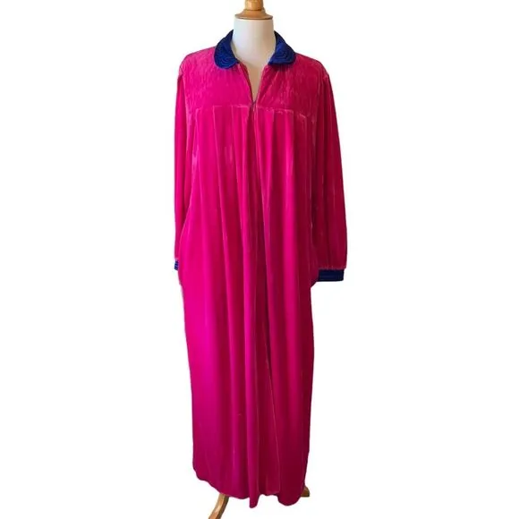 Vintage Christian Dior Pink &amp; Blue 1970s Loungewear House Dress Robe - Large