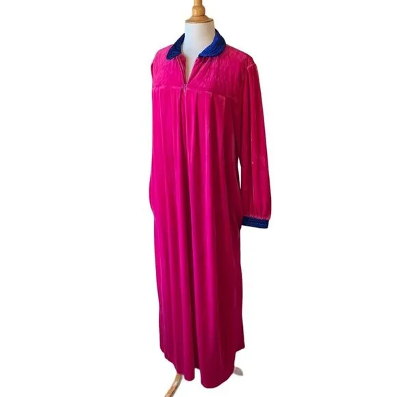 Vintage Christian Dior Pink &amp; Blue 1970s Loungewear House Dress Robe - Large