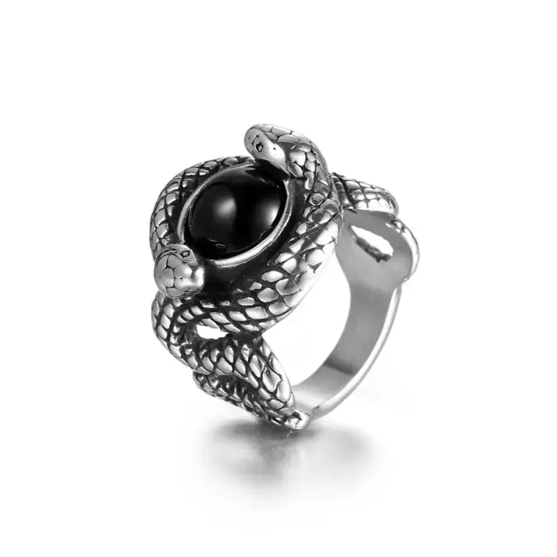 Vintage Double Snake Men's Ring with Zircon Mosaic in Titanium Steel | Retro Men's Jewelry